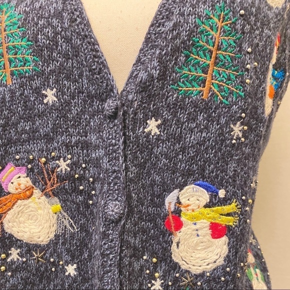 Christmas Sweater Vest, Womens XL, Blue, Holiday, Snowman, Embellished, Buttoned - Picture 4 of 7
